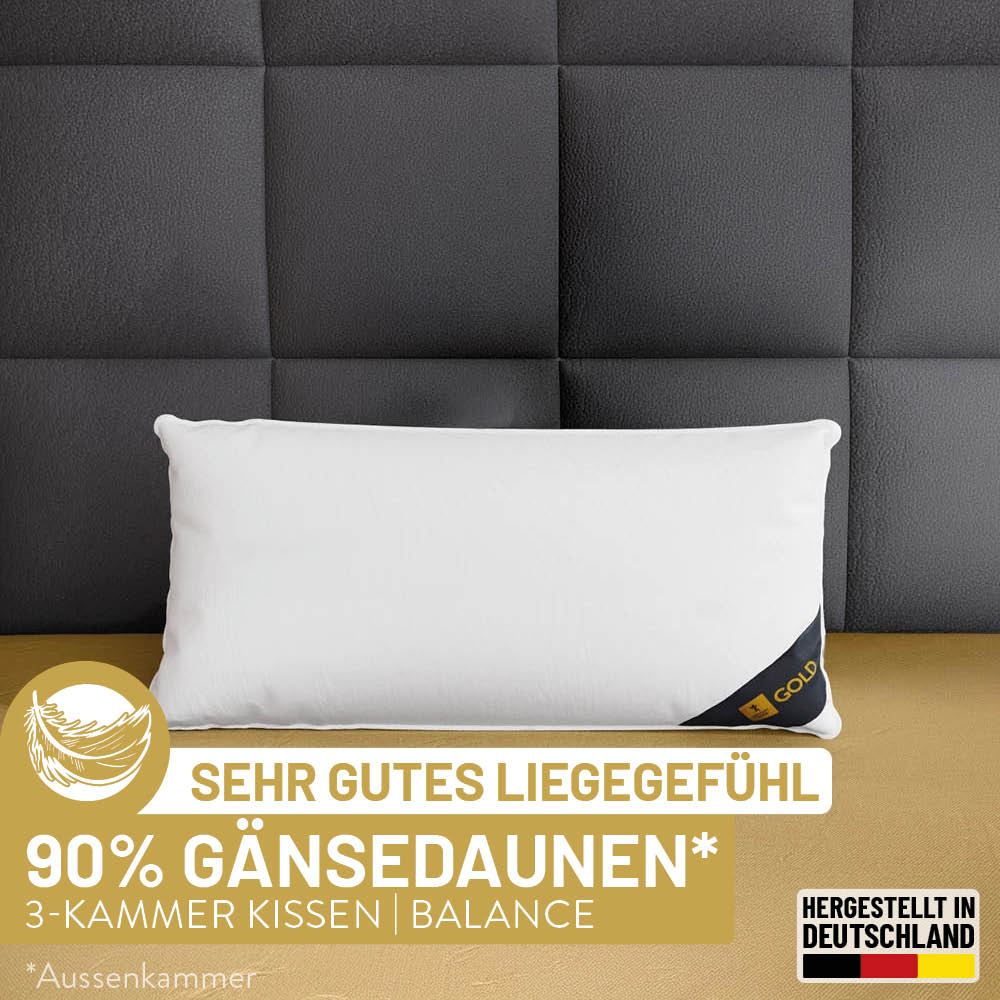 3-Kammer Gänsedaunenkissen Gold, 90 % Gänsedaunen / 10 % Gänsefedern