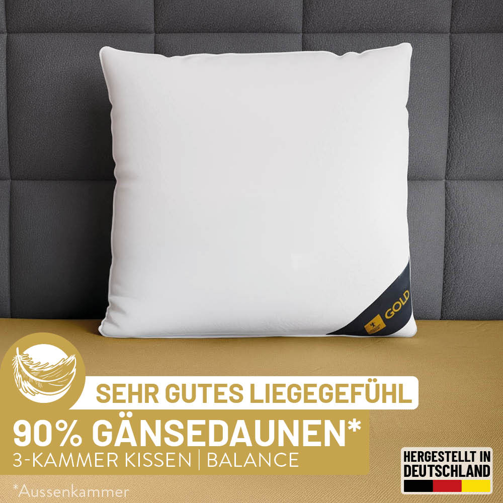 3-Kammer Gänsedaunenkissen Gold, 90 % Gänsedaunen / 10 % Gänsefedern