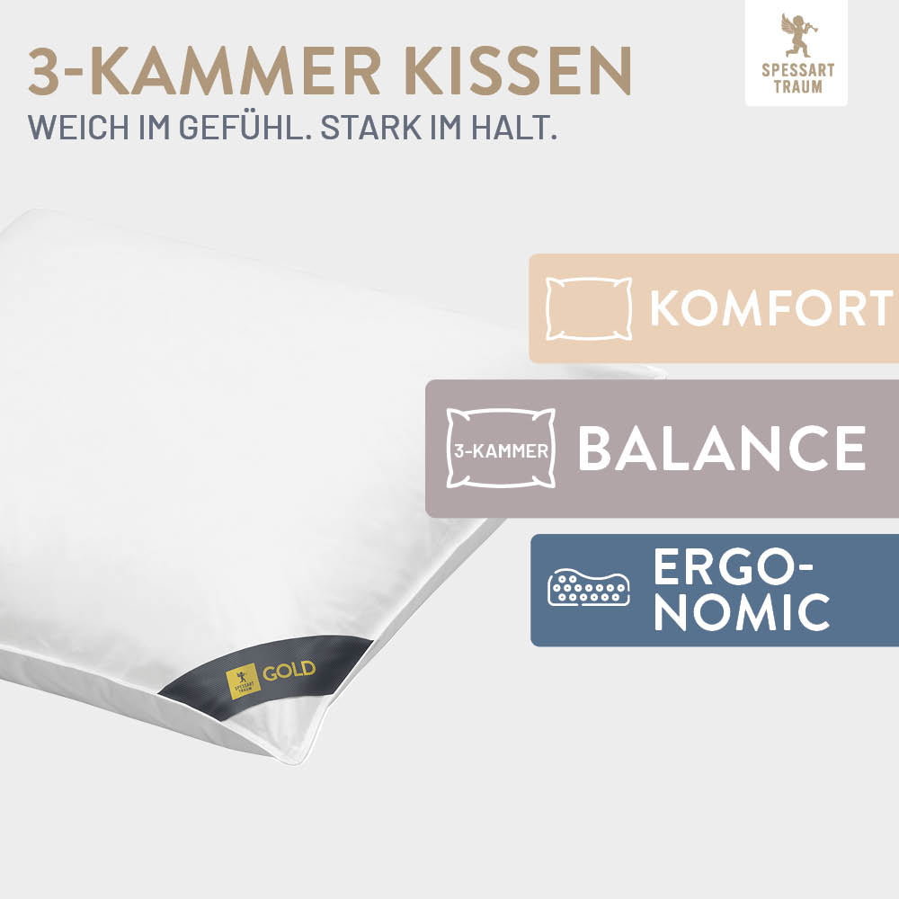 3-Kammer Gänsedaunenkissen Gold, 90 % Gänsedaunen / 10 % Gänsefedern